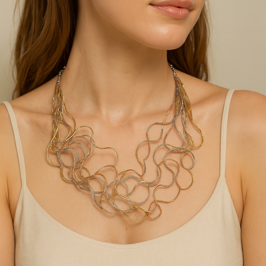 Collana Scultura Metallica – Disponibile in Oro, Argento e Tricolore