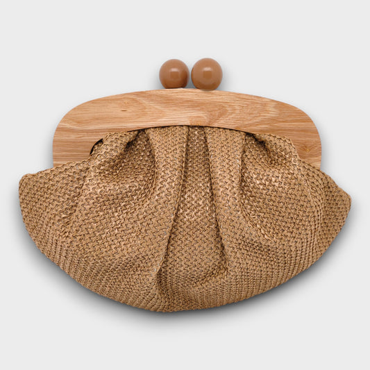 Borsa Clutch in Paglia con Chiusura in Legno