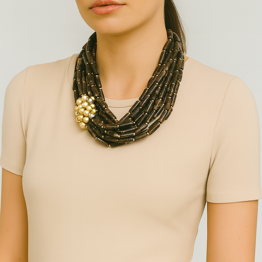 Collana "Eleganza Intensa" – Perle Tubolari Marroni con Dettaglio Dorato