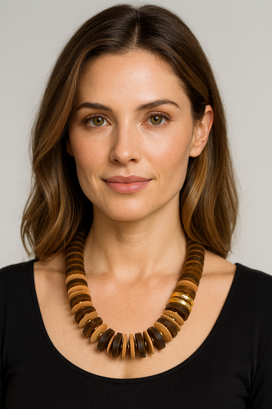 Collana Dischi Legno e Metallo – Tono Naturale e Oro