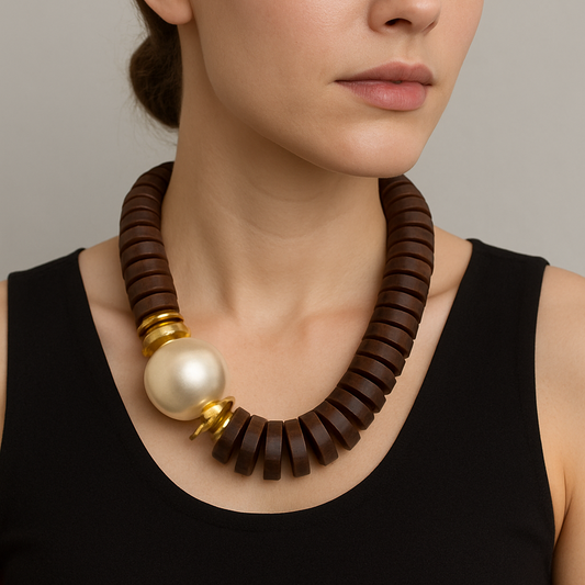 Collana Statement con Perla – Nero o Marrone con Dettagli Dorati