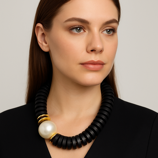Collana Statement con Perla – Nero o Marrone con Dettagli Dorati